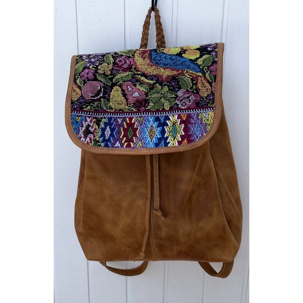 Huipil Artisian Guatamalan Leather Backpack Aztec Mayan Textile Arts #6528